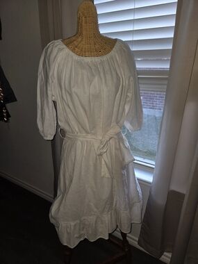 Saks Fifth Avenue Linen Cotton Blend White Midi Dress with Tie Waist